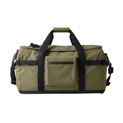 Naklejka premium A front view of a light green duffel bag with black straps and handles on a black background