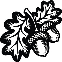 Two acorns with textured caps are nestled beneath an oak leaf in black and white