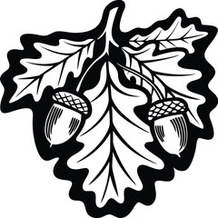 Two acorns dangle near the ornate oak leaf in a simple vector