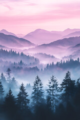 Mountain range with misty forest landscape