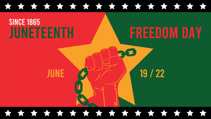 Large hand holding a raised chain against a Juneteenth themed background. Symbol of freedom and justice. Copy space included for a title, message or branding.