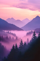 Mountain landscape with fog and forest