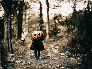 Girl is walking through a forest holding a pumpkin. The image has a spooky and eerie mood, with the pumpkin and the forest setting creating a sense of mystery and darkness
