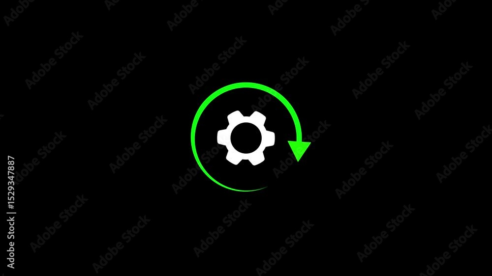 Poster animated green arrow circling a white gear on a black background representing process or settings. g