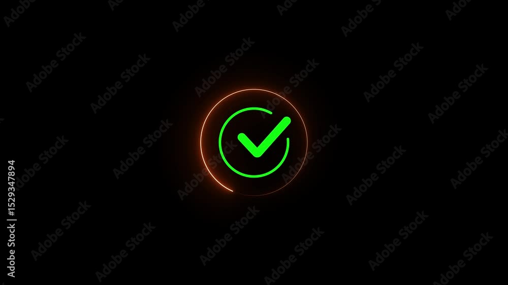 Poster animated neon green checkmark inside glowing circle on a black background for approval concept. tick
