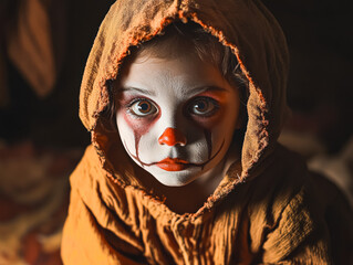 Young girl with a clown face painted on her face and a hoodie on. She looks scared and is looking at the camera
