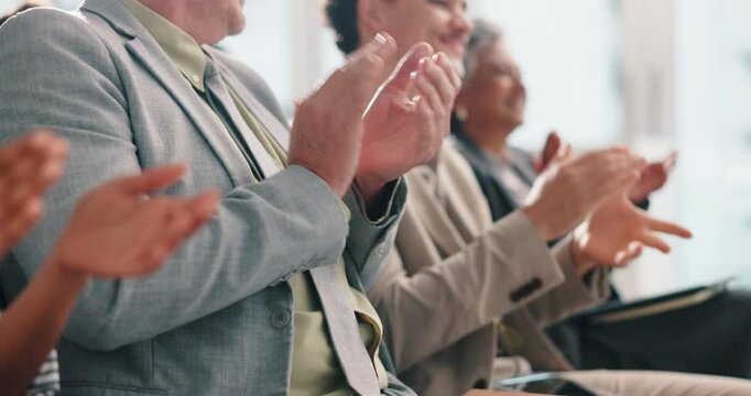 Audience, applause and colleagues in workshop for success or celebration, training session or group. Clapping, hands and achievement for people in seminar, crowd and thank you for presentation