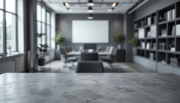 Blurred business meeting room background featuring modern office furniture and workspace