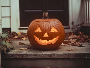 Pumpkin with a smiley face on it is sitting on a porch. The pumpkin is orange and has a light inside of it. The porch is outside and has a leafy plant growing on it