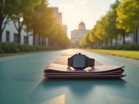 Individual with a smart watch urban park and yoga mat overlay symbolizing balanced nomad life with copy space concept as An individual blended with a smart watch urban park and yo Cleans