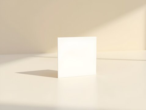 Minimalist white business card for mockup in soft sunlight on a beige surface with delicate shadows reflecting a tranquil atmosphere and simple design