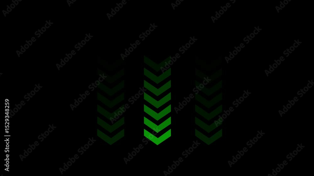 Poster arrow loop animation. animated green arrows pointing downwards against black background representing