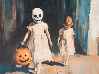 Two little girls dressed in white are walking down a street holding a pumpkin. The painting has a spooky and eerie feel to it, with the girls wearing scary masks