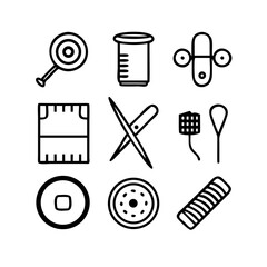 Obraz premium Sewing Vector Icon Set | Adjustable Line Weight | Needle, thread, scissors, fabric, sewing machine, buttons, yarn, zipper, measuring tape, tailoring, fashion, craft, hobby icons