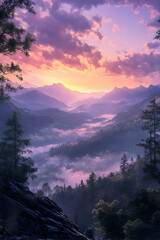 Mountain vista sunset with clouds and valley fog