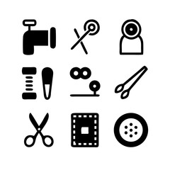 Obraz premium Sewing Vector Icon Set | Adjustable Line Weight | Needle, thread, scissors, fabric, sewing machine, buttons, yarn, zipper, measuring tape, tailoring, fashion, craft, hobby icons