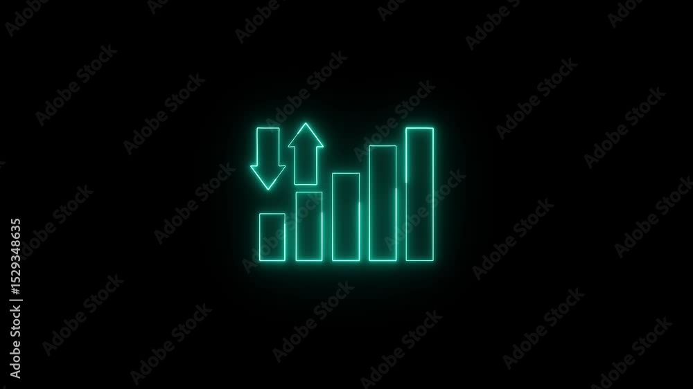 Poster business growth chart with up and down arrows on black background. neon chart visualizes fluctuating
