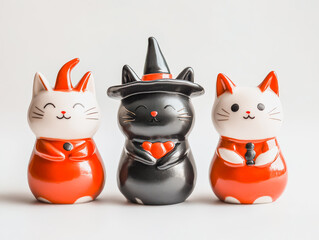 Three cats are sitting on a white background, one of them wearing a black hat and holding a heart