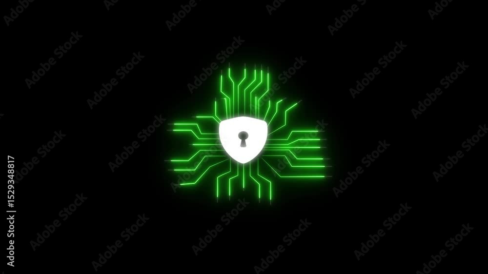Poster digital security concept with shield and circuitry representing data protection on black background.