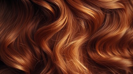 Close up of silky auburn wavy hair showcasing intricate balance between color shine and texture