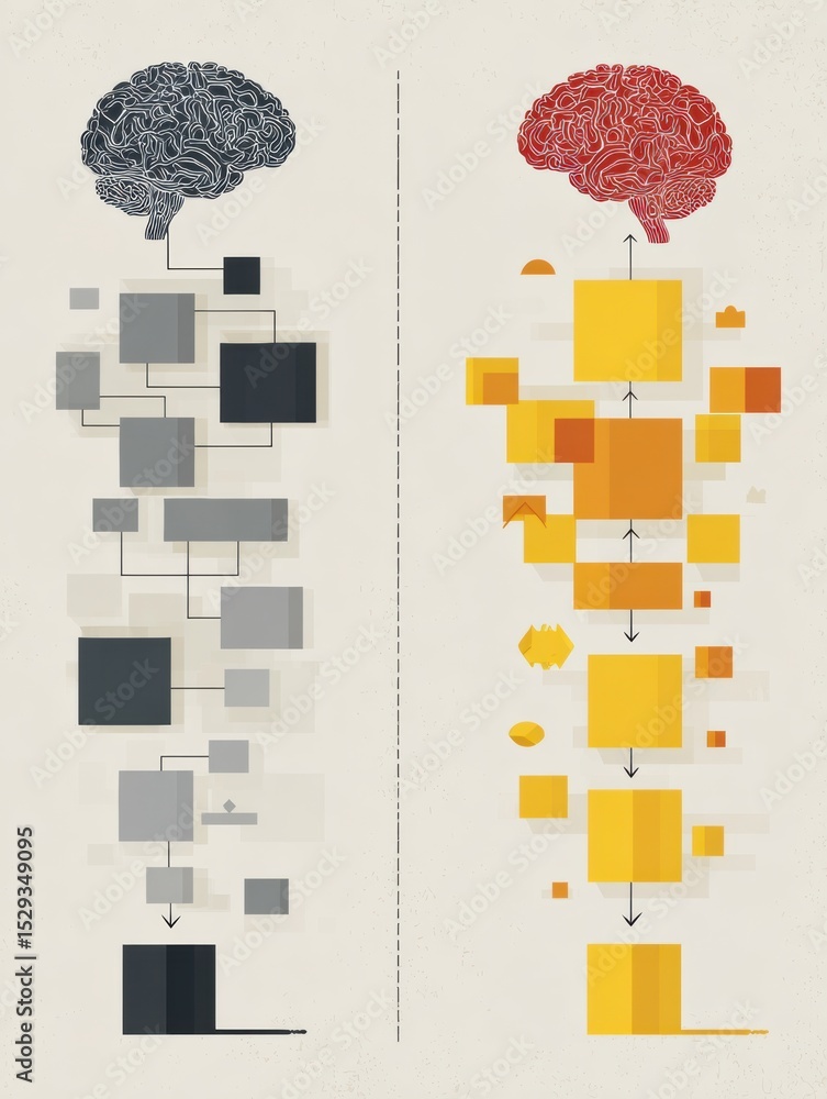 Poster Mindset Shift Infographic Showing Contrasting Perspectives and Thought Processes Through Visual Blocks and Brain Illustrations