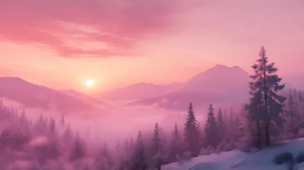 Gordijnen Pink sunset over mountain forest landscape scene © Hari