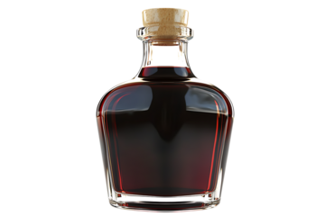 Glass bottle filled with dark red liquid and cork stopper isolated on white or transparent png