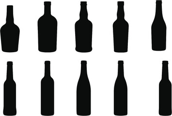 Set of wine bottles vector illustration with various bottle types and glass icons for beverage and alcohol design