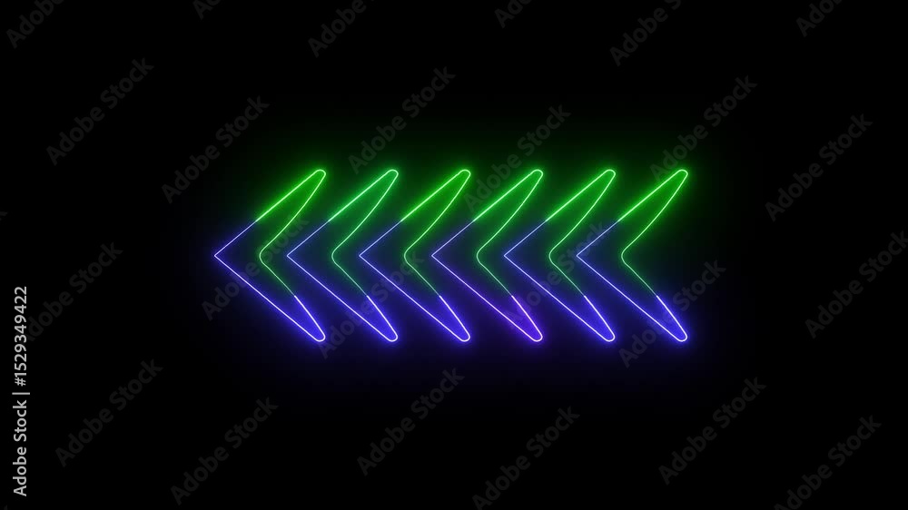 Poster glowing animated neon arrows pointing left with futuristic digital background. rrow loop visualizes 