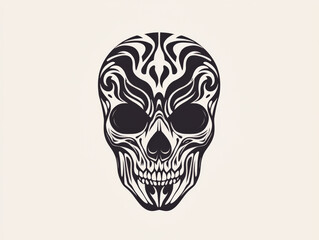 Skull with a black and white design. The skull is surrounded by a white background. The skull has a menacing and eerie appearance