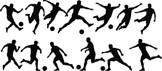 Set of black vector silhouettes of people playing various sports like football basketball and running in action poses