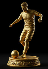 A striking, 3D rendered, golden soccer player trophy statue, poised in mid-kick.