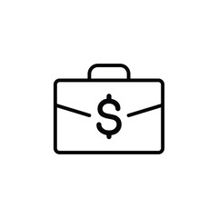 Simple line art icon of briefcase with dollar sign. Symbolizes finance, wealth, and business.