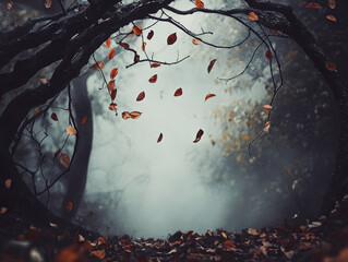 Tree with leaves falling from it. The leaves are scattered all over the ground. The scene is dark and moody