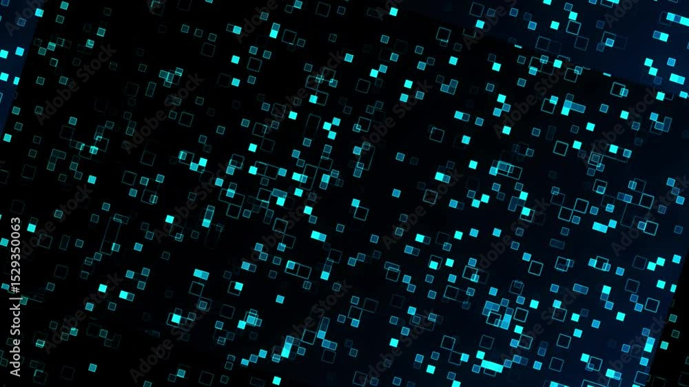Poster animated abstract digital squares glowing with cyan light on dark background for tech concepts