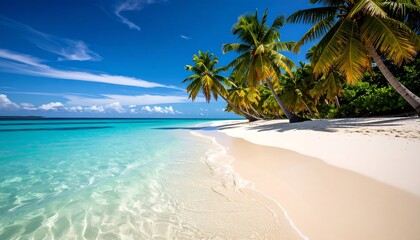 Naklejka premium Tropical beach with palm trees, and turquoise sea.