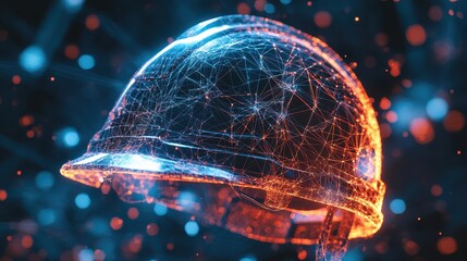 A digital hard hat, formed by glowing blue and orange connecting lines. It represents safety innovation using technology in construction, industry.