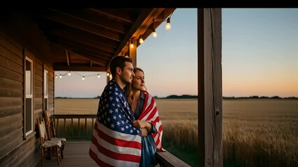 American couple embraces on porch at sunset, wrapped in US flag. Ideal for patriotism, family values, 4th of July, Americana, homecoming, rural lifestyle, independence day celebrations. - Powered by Adobe