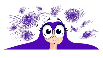 Fototapeta premium Cartoon character with purple hair looks puzzled, surrounded by swirling lines, representing confusion and chaotic thoughts in a whimsical illustration style