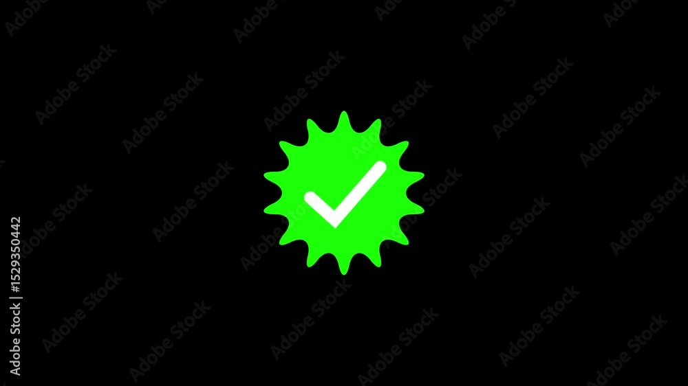 Poster animated green checkmark icon within a spiky burst on a deep black background for validation.icon sy