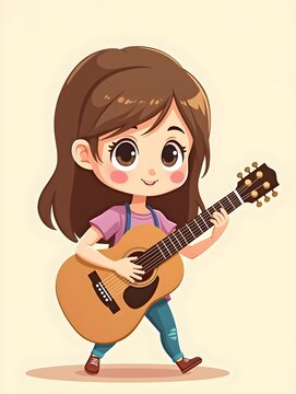 Cute cartoon girl playing acoustic guitar illustration for music concepts