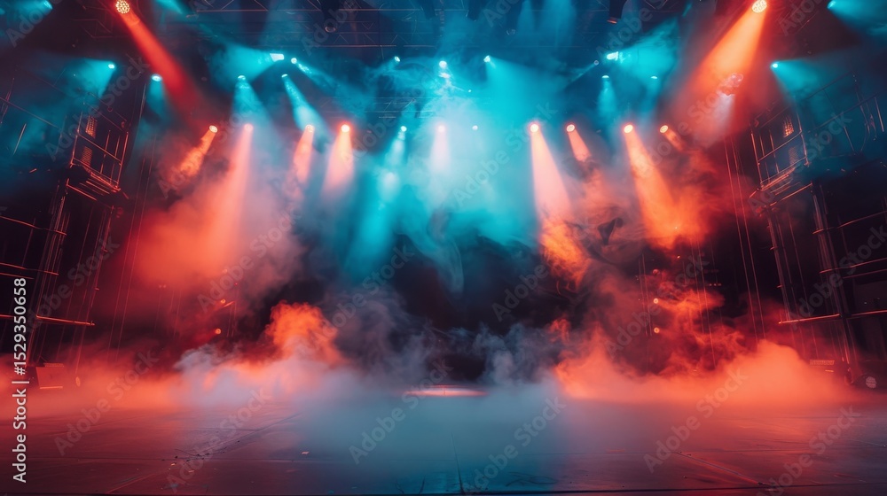 Poster a dynamic stage scene illuminated with colorful lights and smoke, creating a captivating atmosphere 