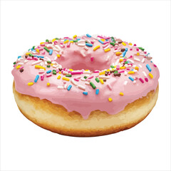 Pink frosted donut with colorful sprinkles isolated on white background