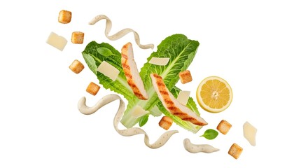 Caesar Salad Ingredients Floating Healthy Food Photography isolated on white background 