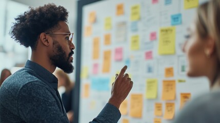 A man explains ideas on a whiteboard with sticky notes during a business meeting.