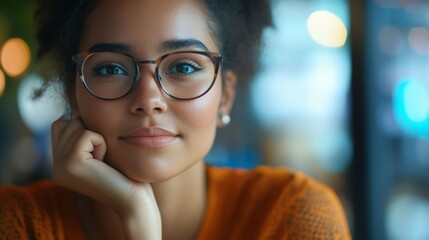 Close-up of a young woman, possibly with African or Hispanic features, wearing glasses and resting her hand on her chin.