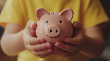 Small child's hands carefully hold a pink pig-shaped piggy bank