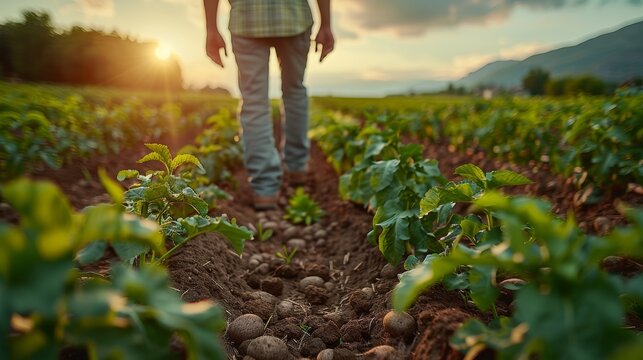 A farmer walks along rows of potato plants at sunset, illustrating the hard work and dedication involved in agriculture while capturing the beauty of rural landscapes.