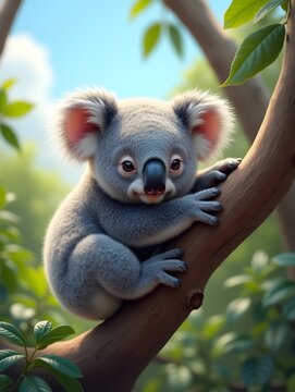 Adorable koala resting on a tree branch surrounded