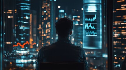 A man looks out at city lights and stock market graphs at night, symbolizing business, finance, and technology.